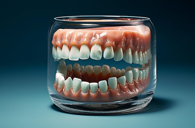 A glass jar with a model of a full - sized denture.