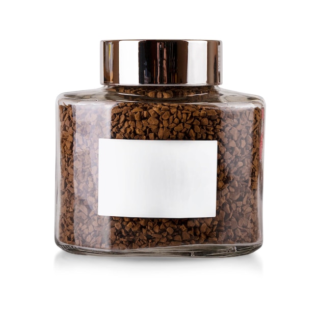 Glass jar with natural granulated coffee isolated on white background