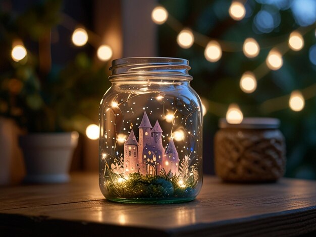 a glass jar with a picture of a castle on it