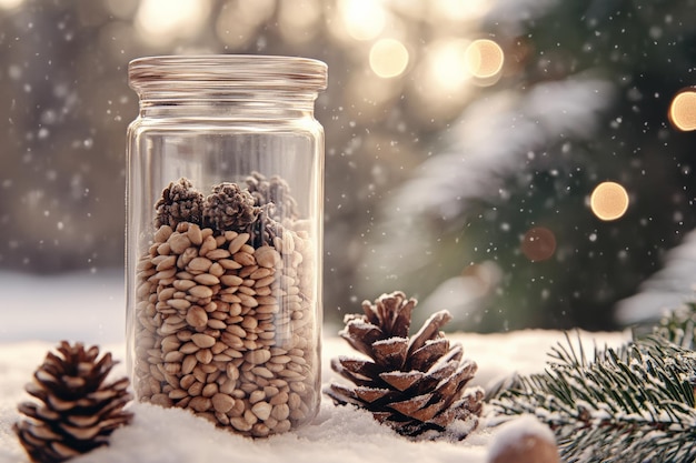 Glass Jar with Pine Cones and Seeds in Snowy Winter Scene