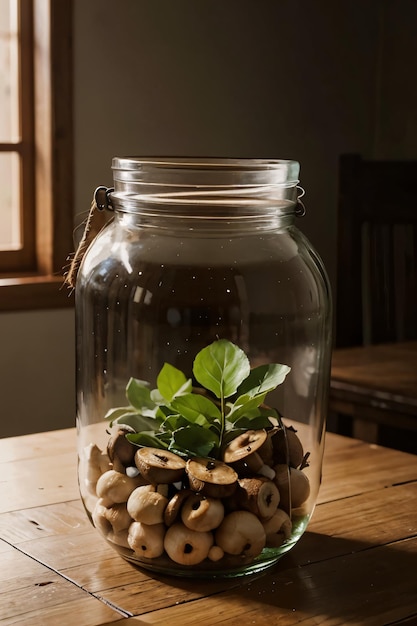 a glass jar with a plant inside of it that has a green leaf on it