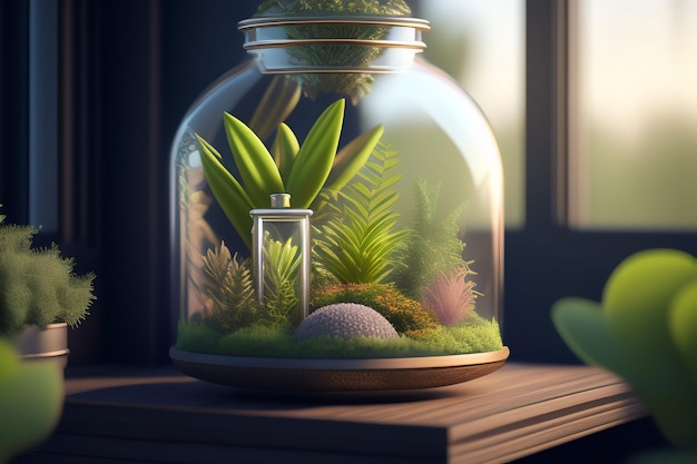 A glass jar with plants inside