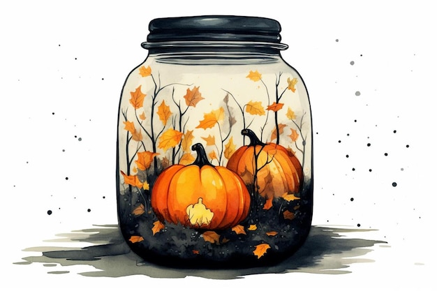 a glass jar with pumpkins and trees in it