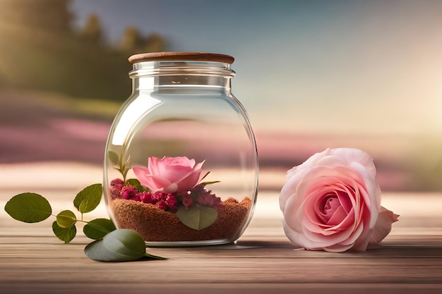 A glass jar with a rose in it and a pink rose in the middle.