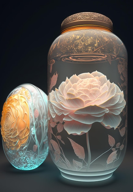 A glass jar with a rose on it