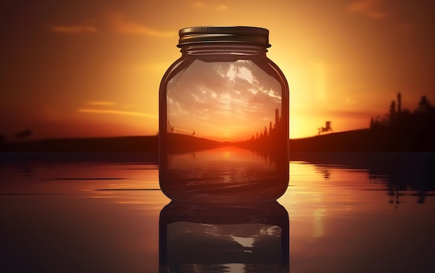 A glass jar with a sunset in the background