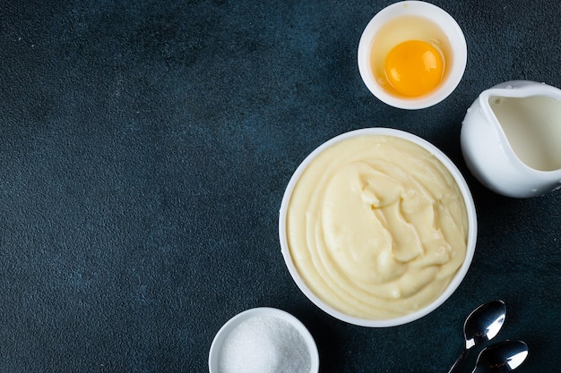 Glass jar with vanilla pudding Custard cream Traditional cream