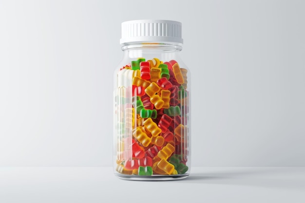 Photo a glass jar with a white lid filled with colorful gummy bears on a white background