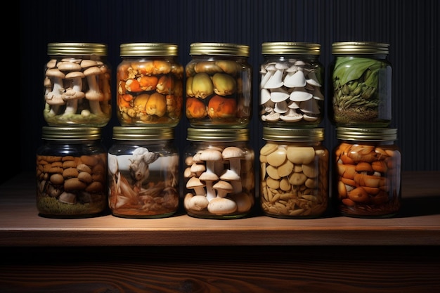 Glass jars adorned with pickled mushrooms offering a savory and tangy twist to your culinary repertoire