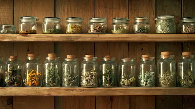 Photo glass jars filled with various dried herbs on wooden shelves