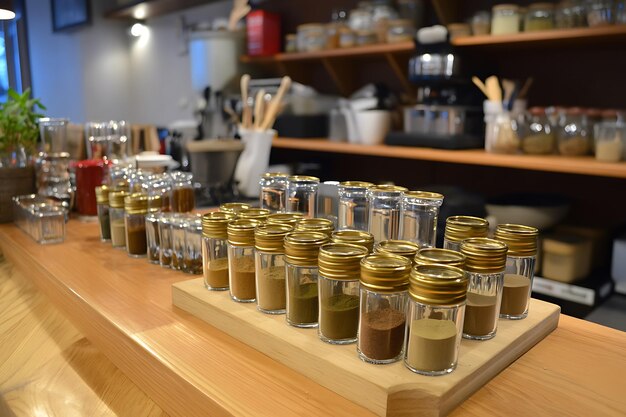 Photo glass jars of spices on wooden countertop in kitchen