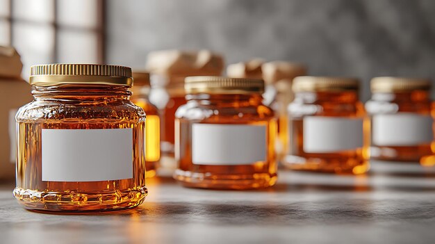 Photo glass jars with blank labels for product branding