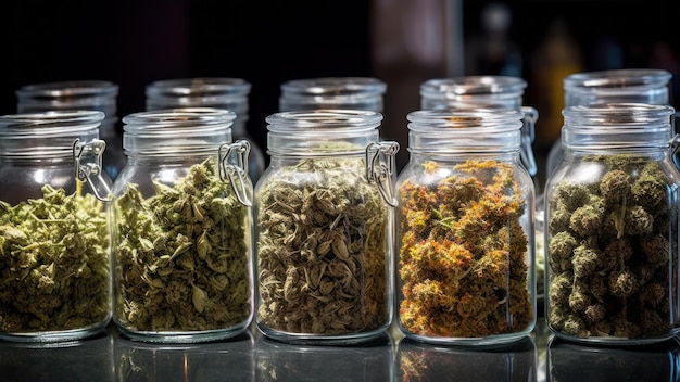 Glass jars with different strain of cannabis display case with buds of medical marijuana generative ai