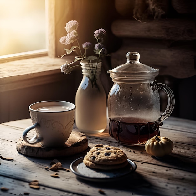 A glass jug of coffee sits next to a glass jar of cookies and a glass jar of milk.