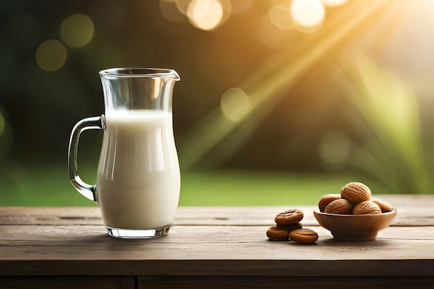 A glass jug of milk next to a bowl of almonds