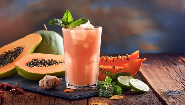 a glass of juice and a fruit drink on a wooden table