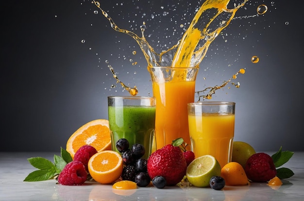 a glass of juice and fruit on a table with a fruit and a fruit and a bunch of strawberries