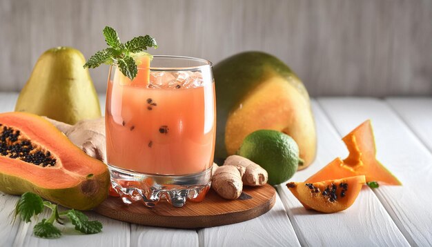 Photo a glass of juice and fruit on a wooden tray