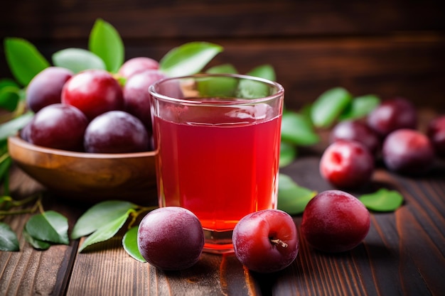 A glass of juice and garden plums on wooden table