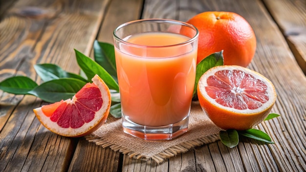 a glass of juice next to a grapefruit and a half full glass of orange juice