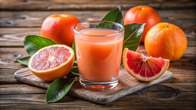 a glass of juice next to a grapefruit and oranges