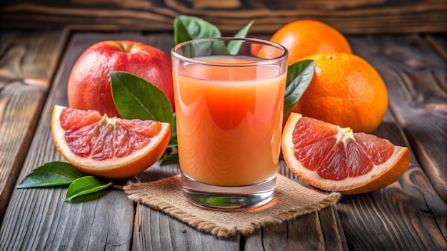 a glass of juice next to a grapefruit and oranges