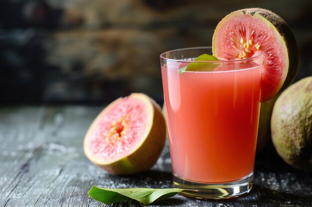 a glass of juice next to a half grapefruit