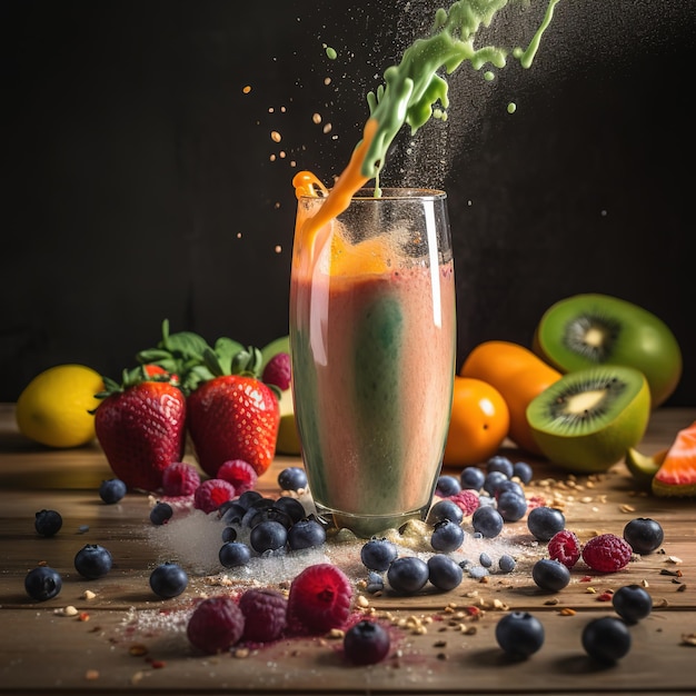 A glass of juice is being poured into a table with fruits and berries.