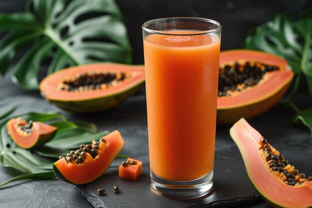 a glass of juice next to a sliced watermelon and some seeds