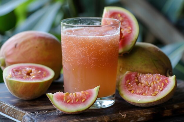 a glass of juice with a bunch of watermelon on it