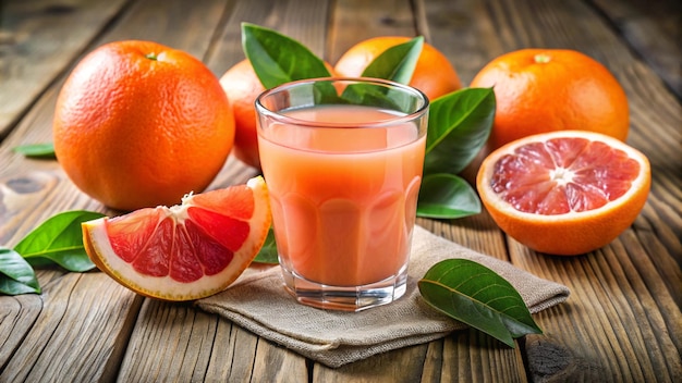 a glass of juice with a grapefruit and a grapefruit