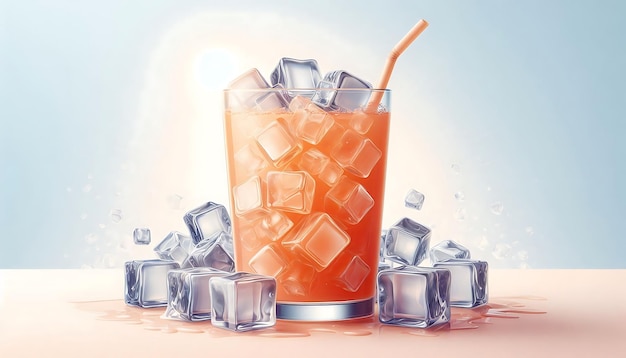 Glass of Juice with Ice Cubes and Simple Background