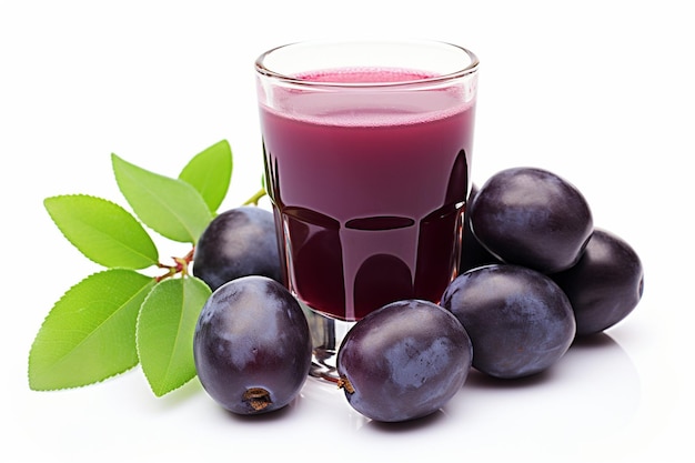 Glass of juice with plums on a white