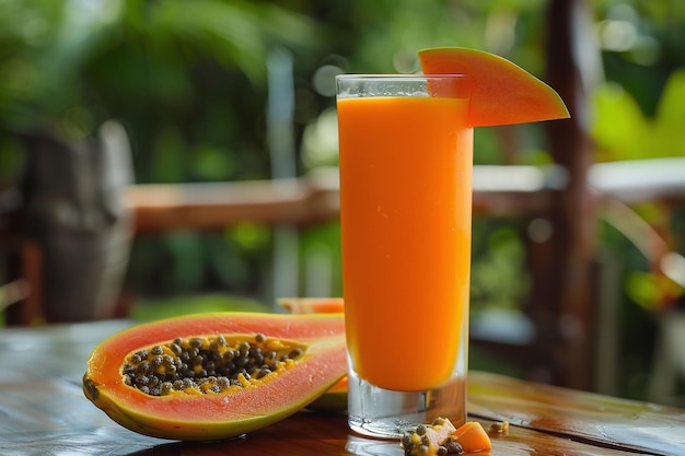 Photo a glass of juice with seeds and seeds on a table