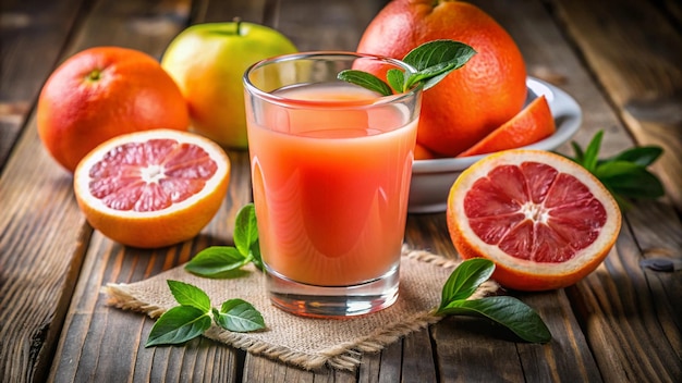 a glass of juice with a slice of grapefruit and a half of it