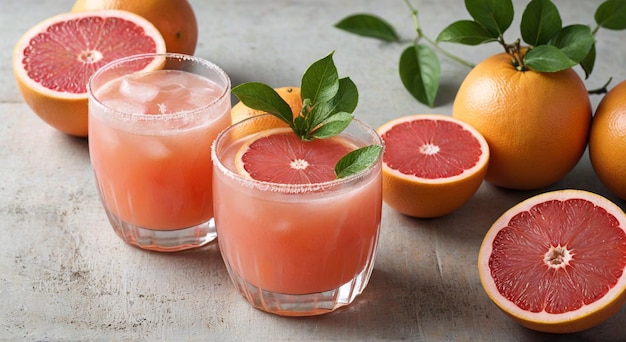 a glass of juice with a slice of grapefruit on it