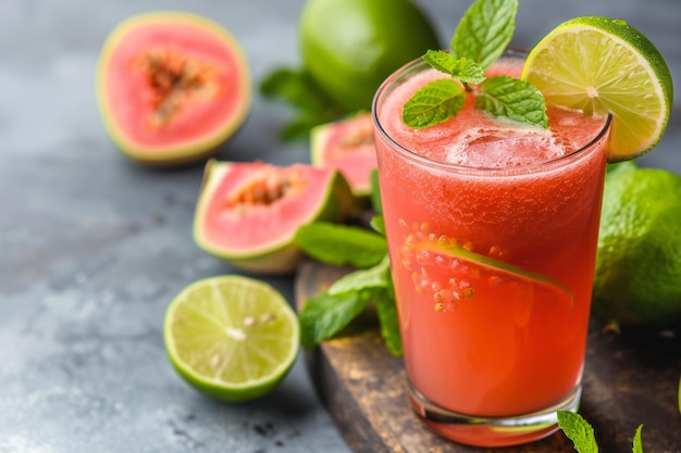 a glass of juice with a slice of lime and mint