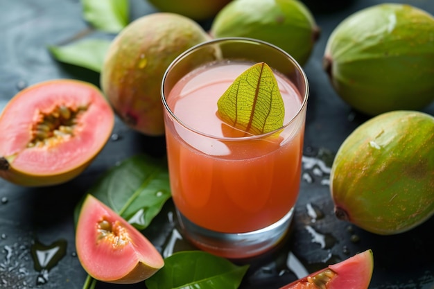 a glass of juice with a slice of lime and some leaves on it