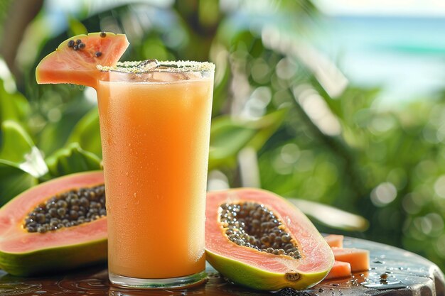 a glass of juice with a slice of watermelon and a half full of seeds