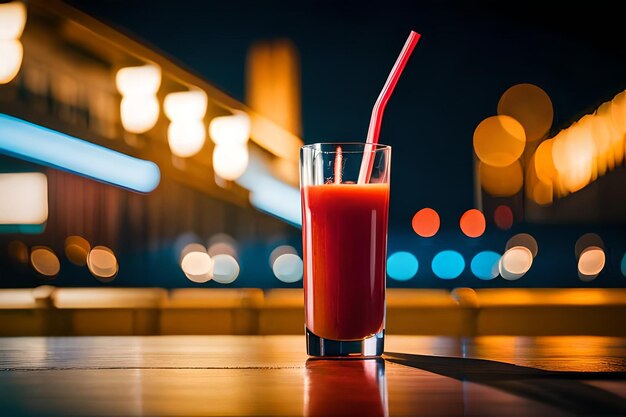 a glass of juice with a straw in the foreground.