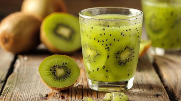 Photo glass of kiwi juice with fresh kiwi slices