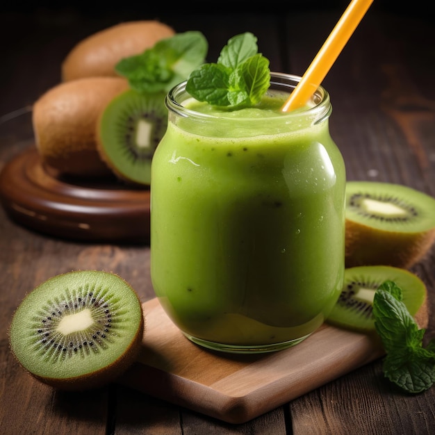 A glass of kiwi smoothie with a straw and kiwi slices on a wooden board.