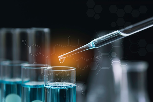 Glass laboratory chemical test tubes with liquid for analytical