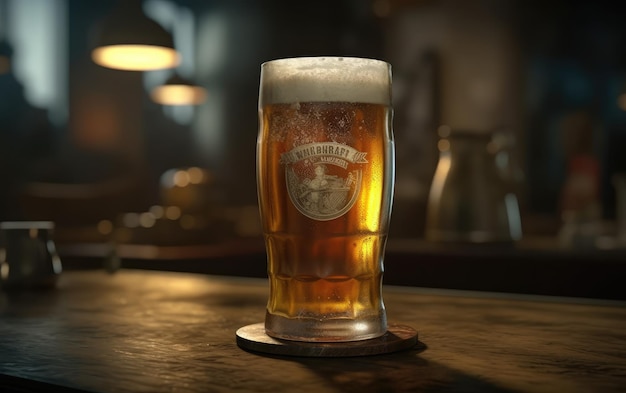 A glass of lager beer on a table in a bar or pub fresh light beer illustration ai generated