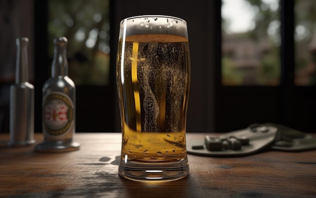 A glass of lager beer on a table in a bar or pub fresh light beer illustration ai generated