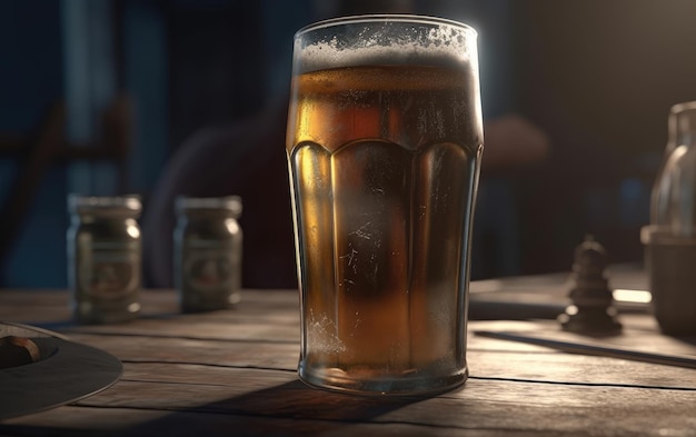 A glass of lager beer on a table in a bar or pub fresh light beer illustration ai generated