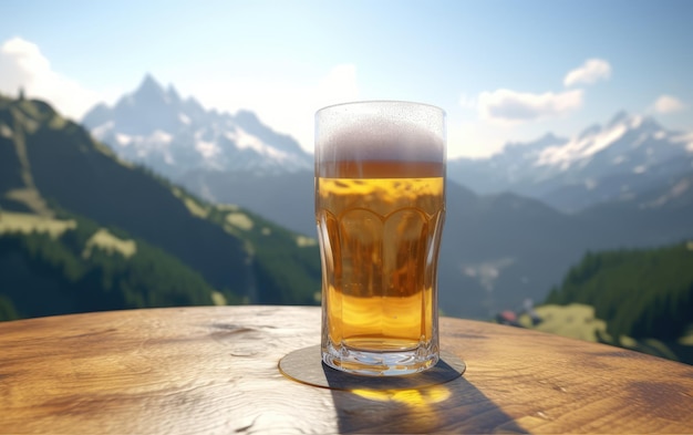 A glass of lager beer on a table on a mountain background fresh light beer illustration ai generated