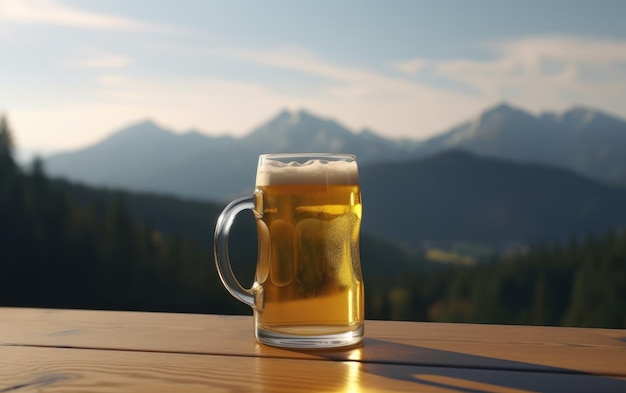 A glass of lager beer on a table on a mountain background fresh light beer illustration ai generated