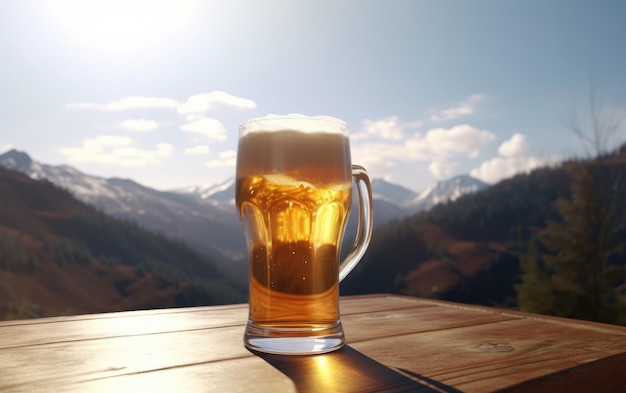 A glass of lager beer on a table on a mountain background fresh light beer illustration ai generated