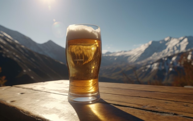 A glass of lager beer on a table on a mountain background fresh light beer illustration ai generated